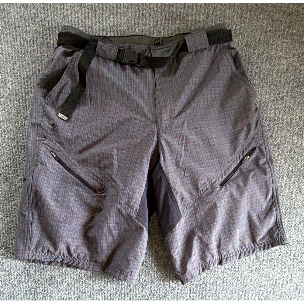 ZOIC Men's XL Gray Plaid Cycling Shorts Mesh Liner, Zip Pockets, Padded